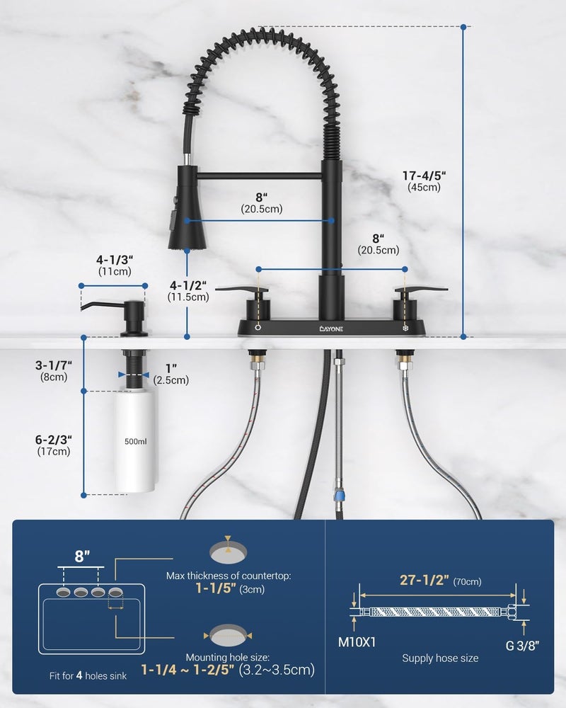 DAYONE Two Handles Kitchen Faucet with Pull Down Sprayer and Soap Dispenser, Spring Matte Black Pull Out Kitchen Sink Faucet for 3/4 Holes Sink, High Arc Stainless Steel Faucet for Kitchen Bar RV - Image 2
